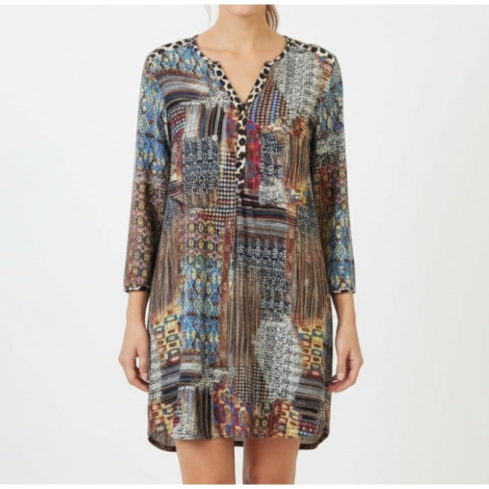 OLIVE HILL Georgette Mini Shirt Shift Dress COLORFUL PATCHWORK Style Print SZ XL